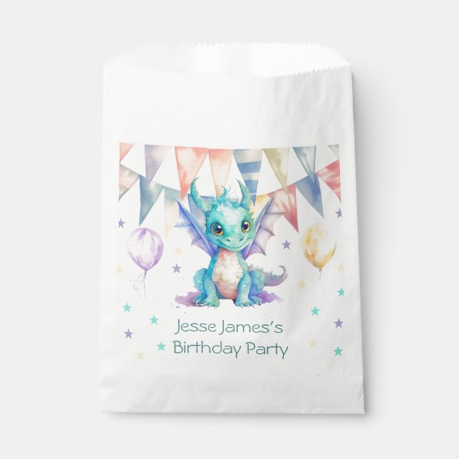 Watercolor Green Purple Dragon Boy Birthday Party Favour Bags (Front)