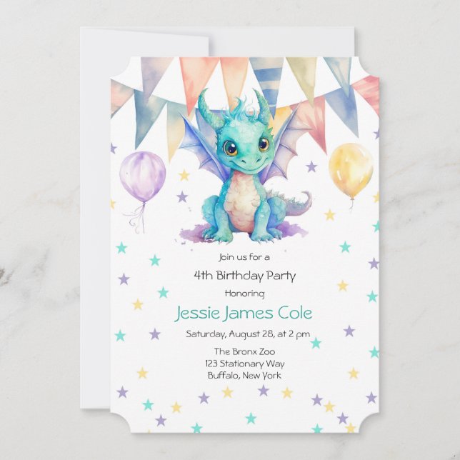 Watercolor Green Purple Dragon Boy Birthday Party Invitation (Front)
