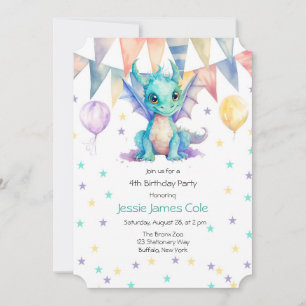 Watercolor Green Purple Dragon Boy Birthday Party Invitation