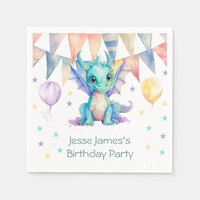 Watercolor Green Purple Dragon Boy Birthday Party Napkin (Front)