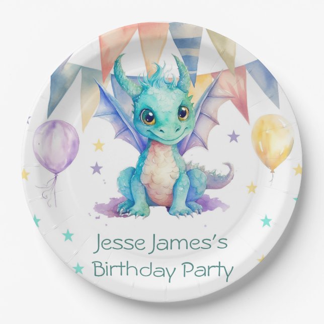 Watercolor Green Purple Dragon Boy Birthday Party Paper Plate (Front)