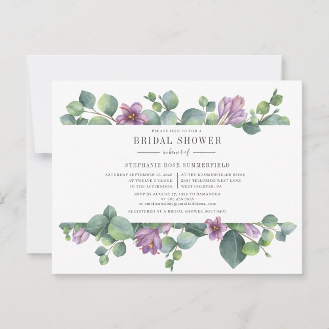 Watercolor Green Purple Eucalyptus Bridal Shower Invitation (Front)