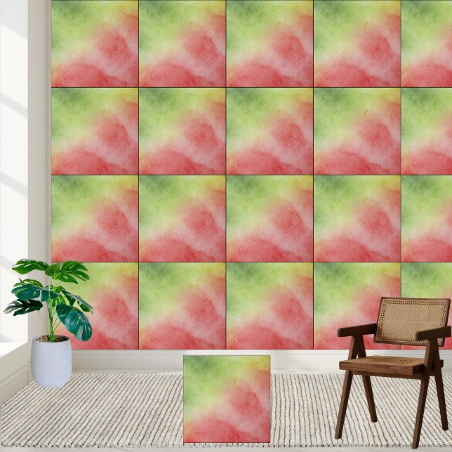 Watercolor Green & Red Abstract Ceramic Tile (Watercolor Green & Red Abstract Ceramic Tile)