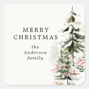 Watercolor Green Red Forest Holiday Square Sticker