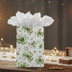 Watercolor Green Shamrocks & Swirls Medium Gift Bag