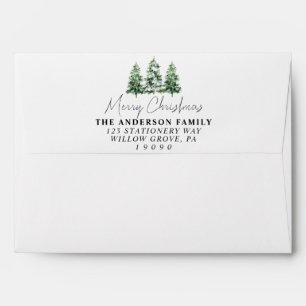 Watercolor Green Snow Pine Trees Merry Christmas Envelope