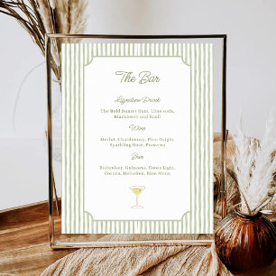 Watercolor Green Stripes Wedding Shower Bar Menu Poster
