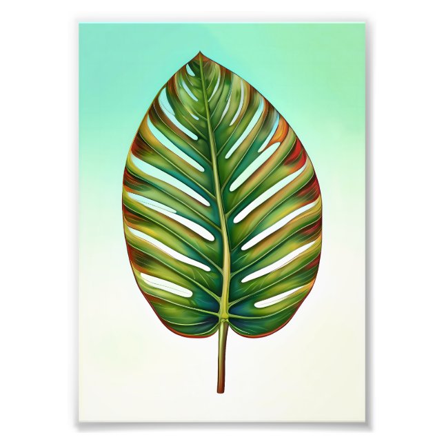Watercolor Green Teal Yellow Red Tropical Leaf Photo Print (Front)