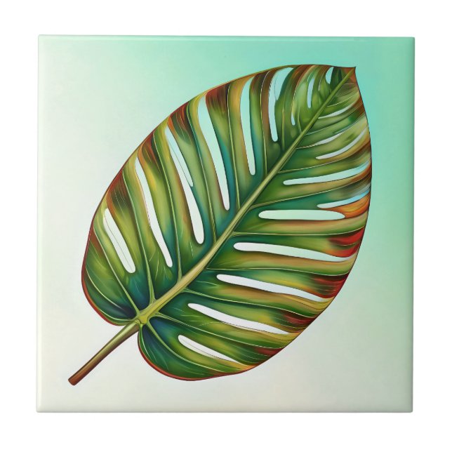 Watercolor Green Teal Yellow Red Tropical Leaf Tile (Front)