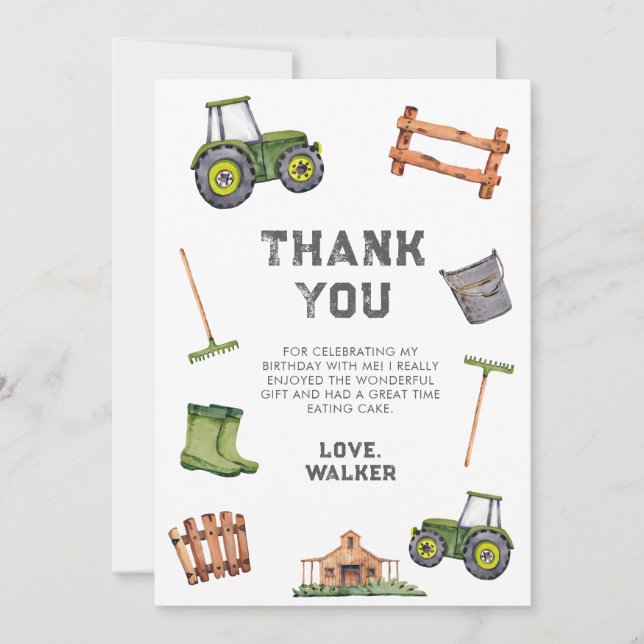 Watercolor Green Tractor Birthday  Thank You Card (Front)