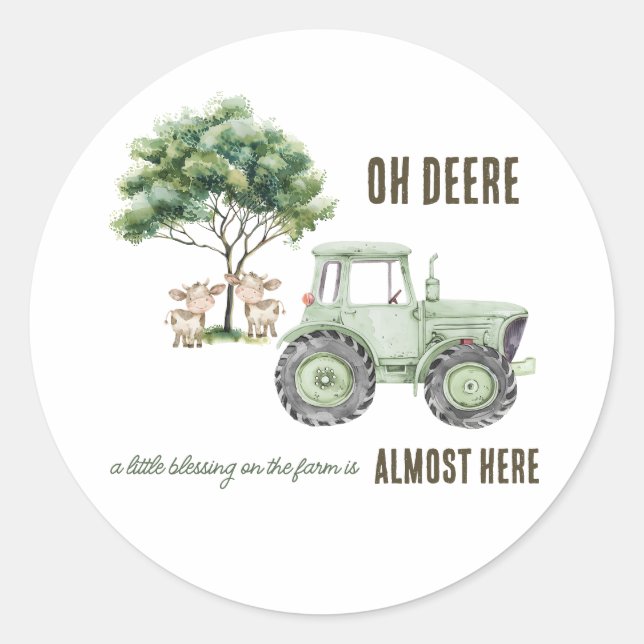 Watercolor Green Tractor Farm Baby Shower Stickers (Front)