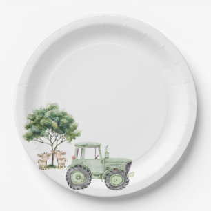 Watercolor Green Tractor Farm Paper Plates