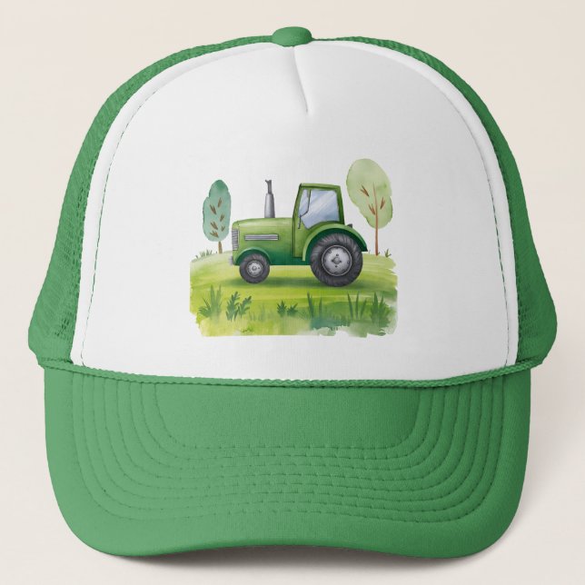 Watercolor Green Tractor Farm  Trucker Hat (Front)