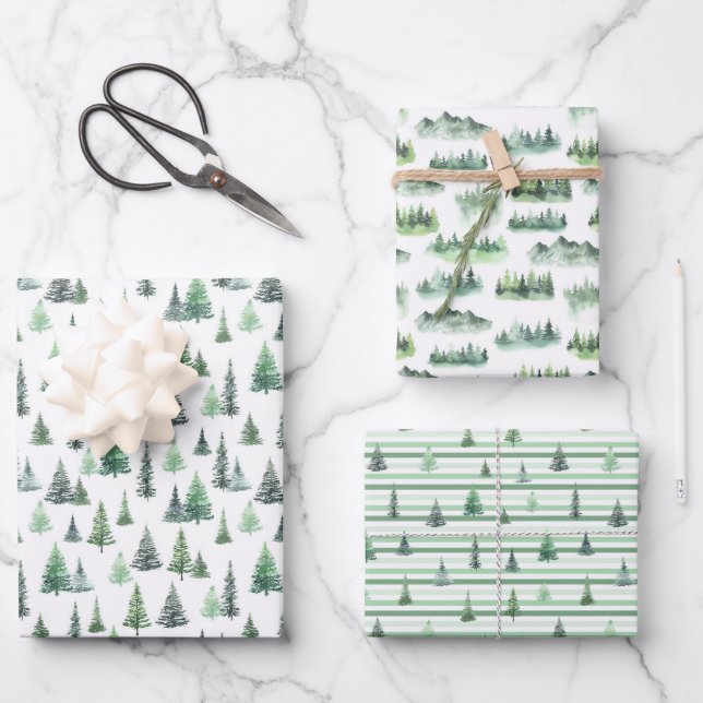 Watercolor Green Trees Forest Pattern Wrapping Paper Sheet (Front)