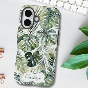 Watercolor Green Tropical Forest Leaves Pattern iPhone 16 Case