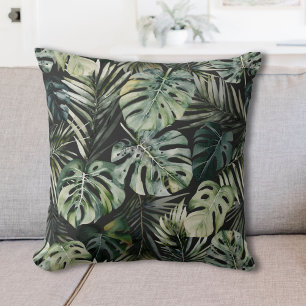 Watercolor Green Tropical Forest Leaves Pattern Cushion