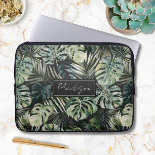 Watercolor Green Tropical Forest Leaves Pattern Laptop Sleeve