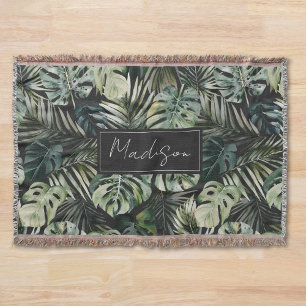 Watercolor Green Tropical Forest Leaves Pattern Throw Blanket