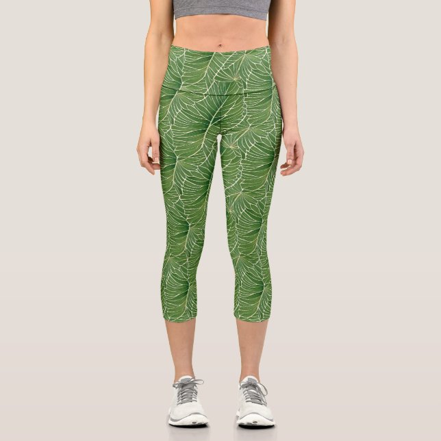 Watercolor Green Tropical Leaves Pattern Capri Leggings (Front)