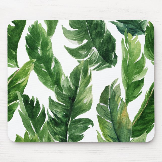 Watercolor Green Tropical Leaves Pattern Mouse Pad (Front)