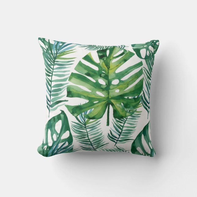 Watercolor Green Tropical Leaves Pattern Throw Pil Cushion (Front)