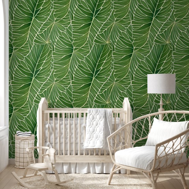 Watercolor Green Tropical Leaves Pattern Wallpaper (Kids)