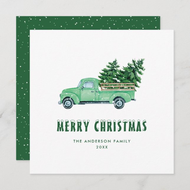 Watercolor Green Truck Merry Christmas Card (Front/Back)