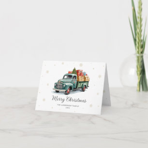 Watercolor Green Truck Photo Merry Christmas Holiday Card