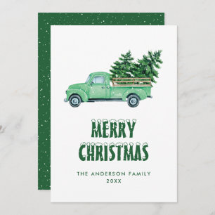 Watercolor Green Truck Snow Merry Christmas Card