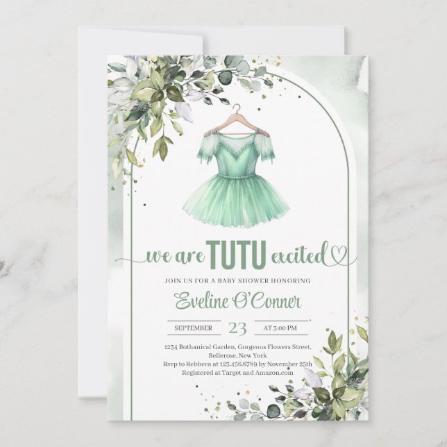 Watercolor green tutu ballerina dress greenery invitation (Front)