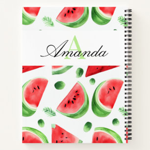 Watercolor Green Watermelon Slices Girl Monogramed Notebook