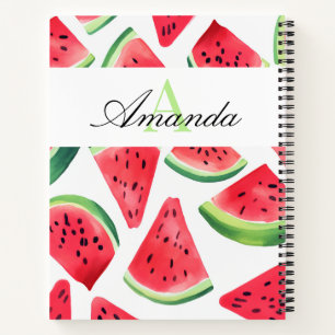 Watercolor Green Watermelon Slices Script Monogram Notebook
