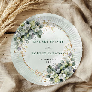 Watercolor Green White Botanical Wedding Paper  Plate