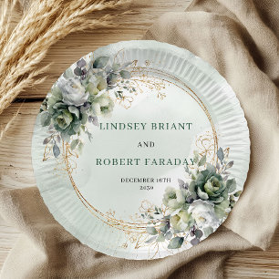 Watercolor Green White Botanical Wedding Paper  Plate