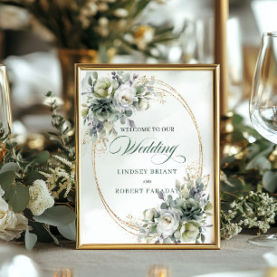 Watercolor Green White Botanical Wedding Welcome Poster