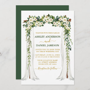 Watercolor Green White Floral Gold Wedding Canopy Invitation