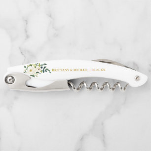Watercolor Green White Floral Gold Wedding Corkscrew
