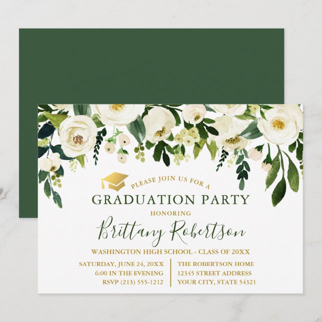 Watercolor Green White Floral Graduation Party Invitation (Front/Back)