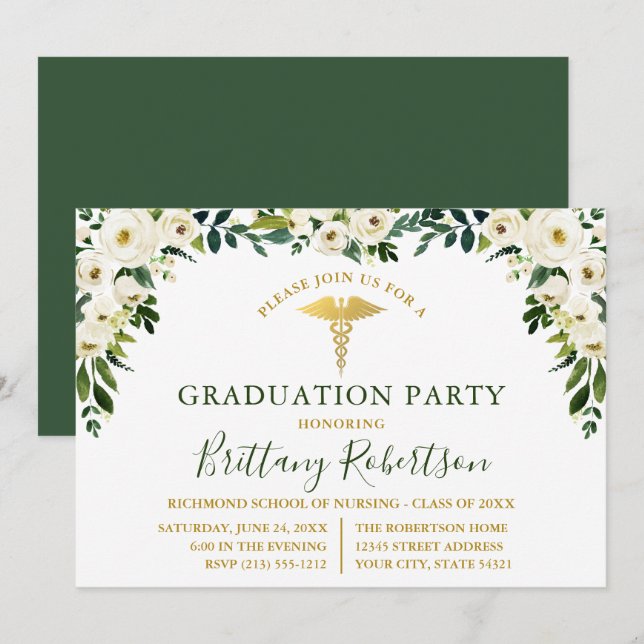 Watercolor Green White Floral Medical Grad Party Invitation (Front/Back)
