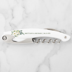 Watercolor Green White Floral Wedding Corkscrew