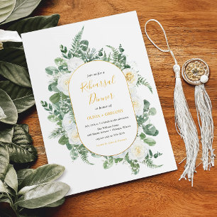 Watercolor Green White Flowers Wedding Rehearsal Invitation
