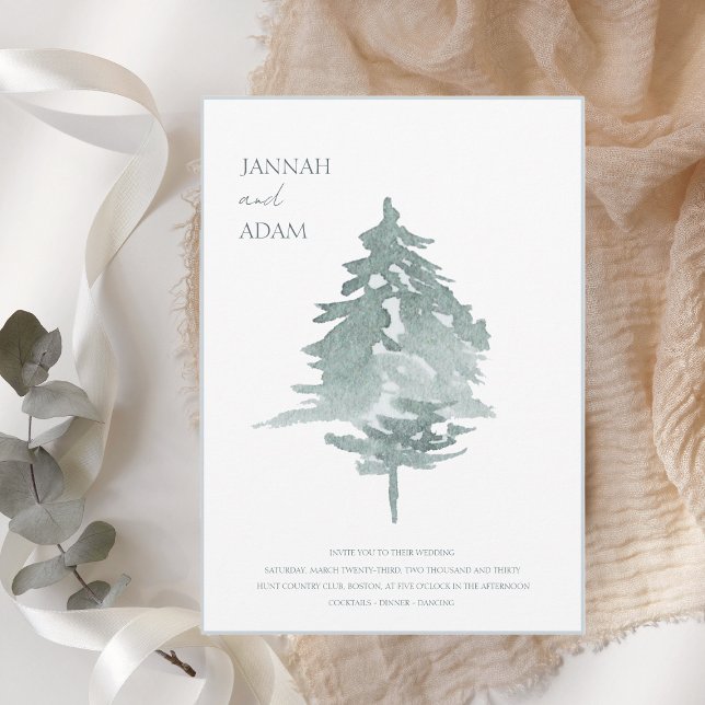Watercolor Green White Forest Pine Trees Wedding Invitation (Creator Uploaded)