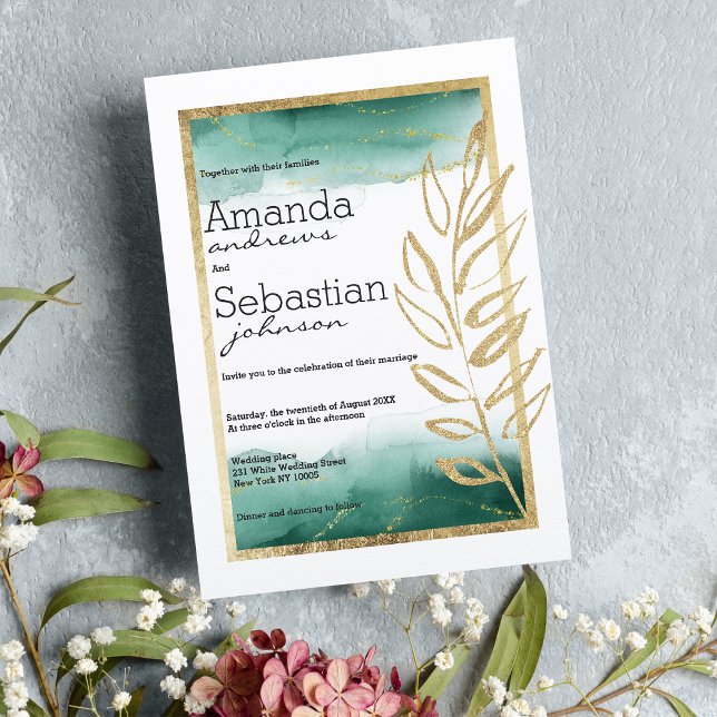 Watercolor green white gold glitter wedding invitation (Watercolor green white gold glitter wedding)
