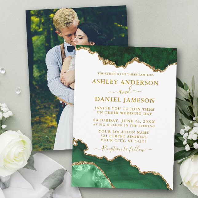 Watercolor Green White Gold Marble Photo Wedding Invitation (Customize to change text color, size or text style.)