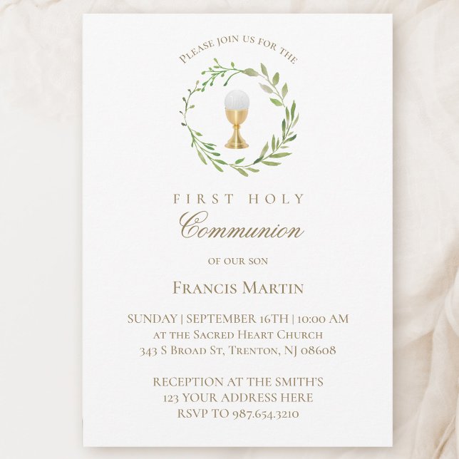 watercolor green wreath first holy communion invitation (Creator Uploaded)