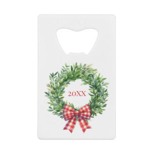 Watercolor Green Wreath With Red Gingham Bow