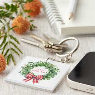Watercolor Green Wreath With Red Gingham Bow Key Ring