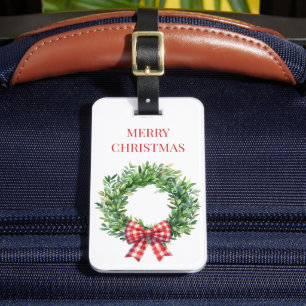 Watercolor Green Wreath With Red Gingham Bow Luggage Tag
