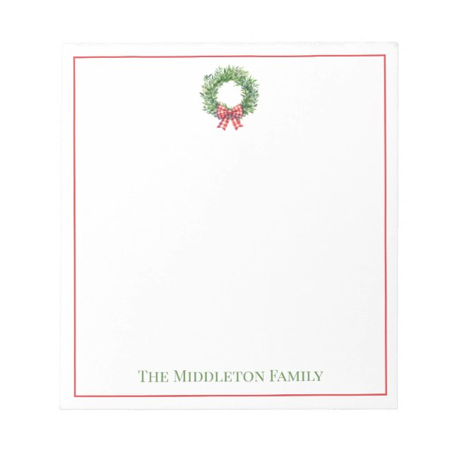 Watercolor Green Wreath With Red Gingham Bow Notepad (Front)