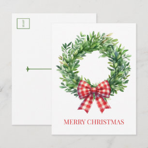 Watercolor Green Wreath With Red Gingham Bow Postcard